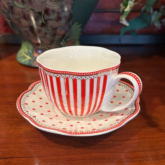 NWOT Grace Teaware Red and White Striped & Dots Fine Porcelain Teacup and Saucer - Picture 4 of 8